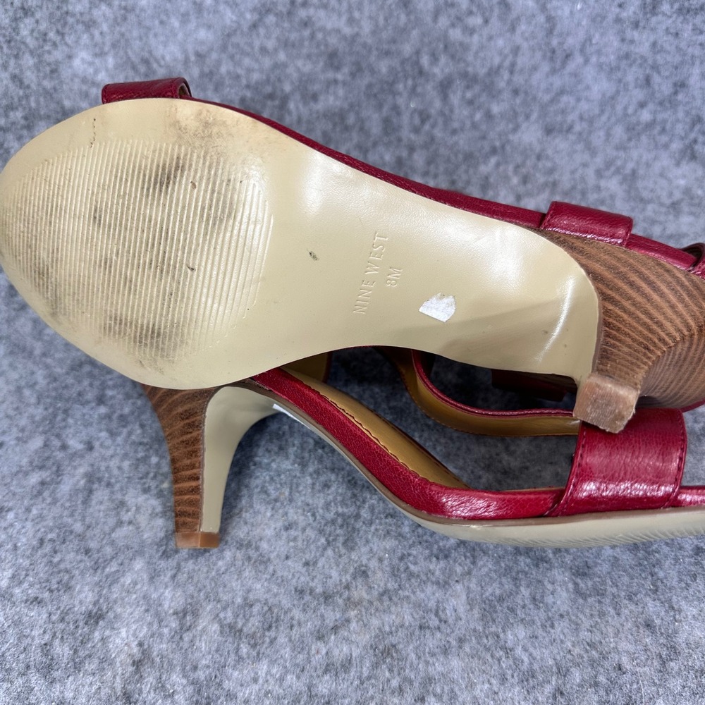 Nine West Womens Red Leather Wedge Sandals Size 8 T Strap Comfort Back Zip - Picture 11 of 14